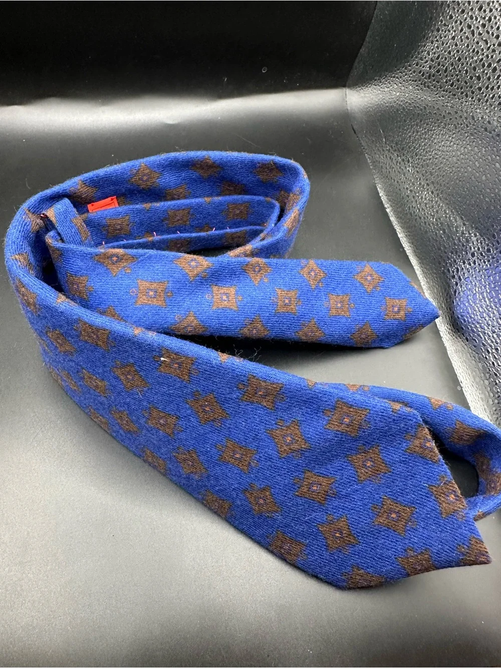 ISAIA Wool Cobalt Tie with Brown Medallion